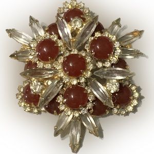 Vintage Juliana D&E Rare verified Red cab Clear Navette 3D gold-tone brooch 2.5"